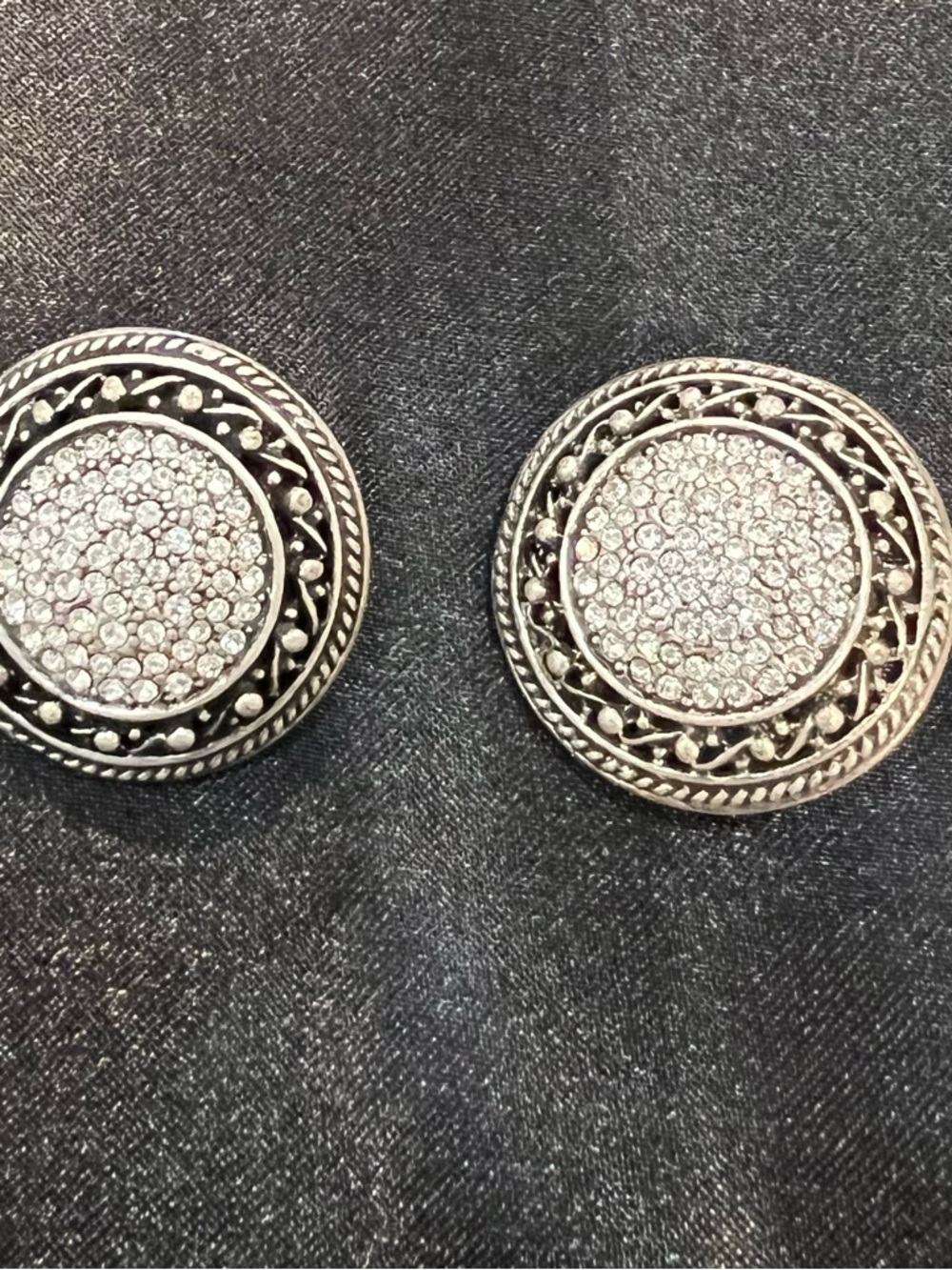 Vintage Chico's Silver-Tone Pave Round Filigree Clip On Earrings